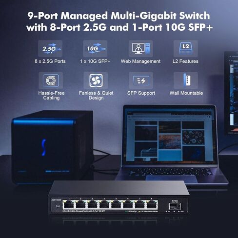 YuLinca 8 Port 2.5G Easy Web Managed Switch, 8 x 2.5Gbps Base-T Ports and 1 x 10G SFP+ Slot, Support LACP/QOS/VLAN/IGMP, Mini Metal Fanless 2.5Gb Managed Switch in Saudi Arabia