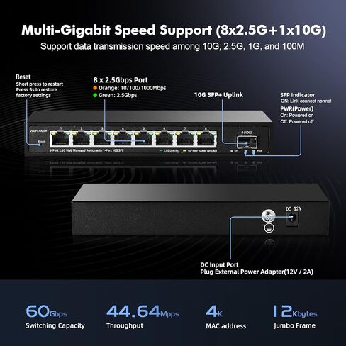 YuLinca 8 Port 2.5G Easy Web Managed Switch, 8 x 2.5Gbps Base-T Ports and 1 x 10G SFP+ Slot, Support LACP/QOS/VLAN/IGMP, Mini Metal Fanless 2.5Gb Managed Switch in Saudi Arabia