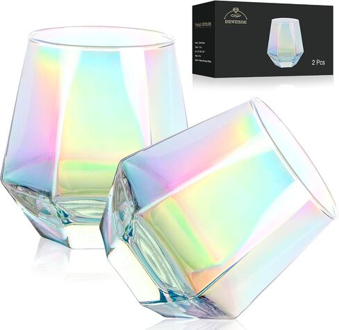 Wine Glass, Stemless Wine Glass for Red and White Wine, Iridescent Diamond Shaped Glassware for Whiskey, Cocktail, Gift for Anniversary, Wedding, Housewarming, Birthday in Saudi Arabia