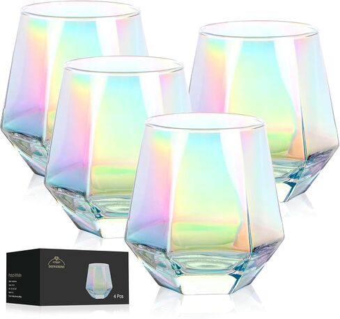 Wine Glass, Stemless Wine Glass for Red and White Wine, Iridescent Diamond Shaped Glassware for Whiskey, Cocktail, Gift for Anniversary, Wedding, Housewarming, Birthday in Saudi Arabia