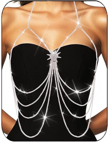 BODIY Sparkly Silver Chest Jewelry Rhinestone Layered Body Chain Star Bikini Body Jewelry Crystal Body Accessories for Women in Saudi Arabia