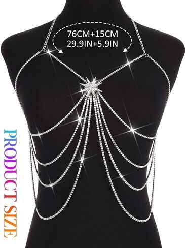 BODIY Sparkly Silver Chest Jewelry Rhinestone Layered Body Chain Star Bikini Body Jewelry Crystal Body Accessories for Women in Saudi Arabia