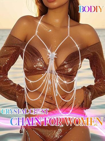 BODIY Sparkly Silver Chest Jewelry Rhinestone Layered Body Chain Star Bikini Body Jewelry Crystal Body Accessories for Women in Saudi Arabia