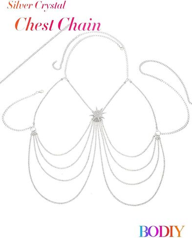 BODIY Sparkly Silver Chest Jewelry Rhinestone Layered Body Chain Star Bikini Body Jewelry Crystal Body Accessories for Women in Saudi Arabia
