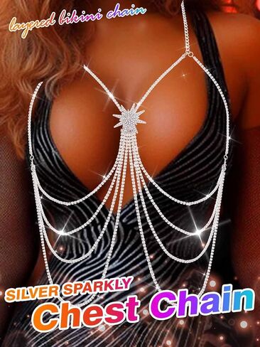 BODIY Sparkly Silver Chest Jewelry Rhinestone Layered Body Chain Star Bikini Body Jewelry Crystal Body Accessories for Women in Saudi Arabia