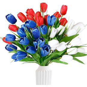 Sggvecsy 36 Pcs Patriotic Artificial Flowers Memorial Tulips Bouquet Fake Red White and Blue Cemetery Tulips Flowers for Grave 4th of July Memorial Day Independence Day Veterans Home Decoration