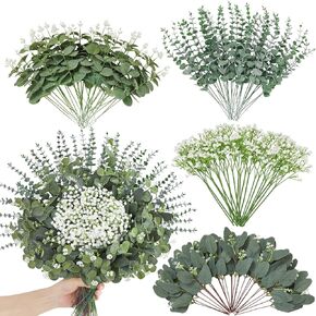 120 Pcs 4 Kinds Mixed Eucalyptus Greenery Stems, Baby Breath Flowers Artificial Bulk and Greenery Stems for DIY Bouquets Wedding Home Floral Decor