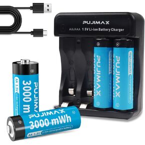 PUJIMAX Rechargeable Lithium AA Batteries with Charger, 1.5v AA Li-ion Rechargeable Battery of 3000mWh, 1500 Cycles, 1.5H Fast Charge, 8 Packs for Household & Office