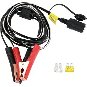AUTOXBERT 0.6m/2ft 16AWG 12V 24V Female Car Cigarette Lighter Socket Clamp to Battery Alligator Crocodile Clips Connector,Car Battery Clamp Extension Charging Cable Adapter with 15A Fuse Universal