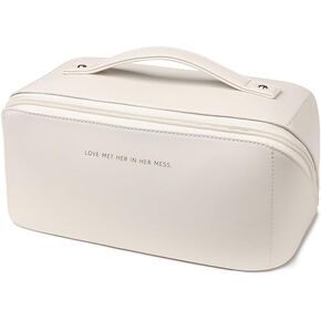 3 Pcs Travel Makeup Bag Portable Large Capacity Cosmetic Bags for Women Open Flat Makeup Case Organizer Bag Set of 3 Waterproof PU Leather Toiletry Bags with Divider and Handle (Brown, Medium)
