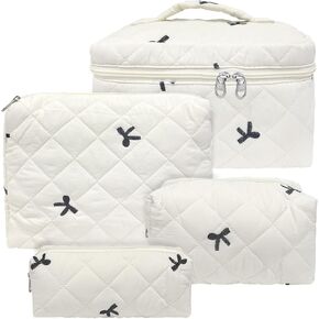 3 Piece Cute Pink Bow Quilted Makeup Bag Set, Large Capacity Travel Makeup Bags for Women and Girls, Includes Small, Medium, and Extra Large aesthetic makeup&Cosmetic Bags (3PCS-Pink SlimBow)