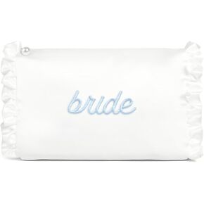 xo, Fetti White Satin Bride Cosmetic Bag | Bachelorette Party Decorations, Bride To Be Purse, Bridal Shower Accessory, GRWM Makeup Bag