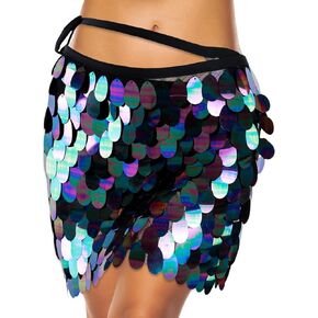 Sequin Skirt for Women, Sparkly Mermaid Short Skirt, Adjustable Fish Scale Belly Dance Hip Scarf, Glitter Disco Ball Hip Wrap, Halloween Costume Outfit for New Year Eve Rave Party, Black
