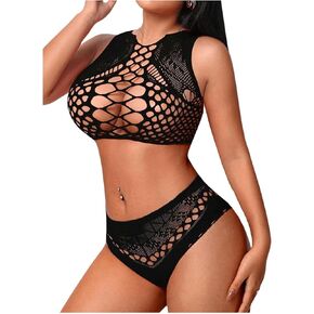 WDIRARA Women's Two Piece Hollow Out Mesh Sheer Crop Tank Tops and High Waist Bottoms Fishnet Lingerie Set