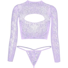 Sexy Women's Two-Pieces Fishnet Lingerie,G-String Panties,Long Sleeve Crop Top Stretch Sheer Bodysuit Set(Purple)