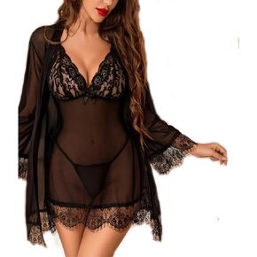 Women Sexy Lingerie Set 3 Piece Babydoll & Lace Chemise Sleepwear Robe Strap with Teddy Nightwear Bodysuit