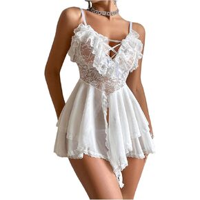 Verdusa Women's Floral Lace Ruffle Mesh Babydoll Lingerie with Thong 2 Piece Lingerie Set