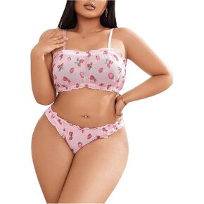 Makemechic Women's Plus Size 2 قطعة الملابس الداخلية مجموعة الفراولة شبكات صدري أعلى وملابس داخلية