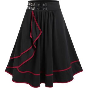 Rosegal Women's Plus Size Gothic Mini Skirt Contrast Tape Buckled Midi High Waist Elastic A-Line Skirt