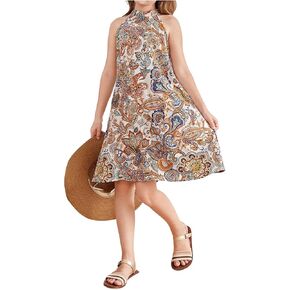 Girl's Boho Paisley Halter Dresses Sleeveless Knee Length Tunic Summer Beach Dress for Teens