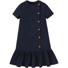SweatyRocks Girl's Ruffle A Line Midi Dress Button Crew Neck Short Sleeve Dresses