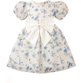Girl's Puff Sleeve Crewneck Floral Birthday Princess Wedding Bridesmaid Party Dress A-Line Size for 3-8 Years Kids
