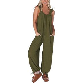 Plus Size Women’s Loose Jumpsuit with Pockets, Ruffle Strap Wide Leg Overalls Romper