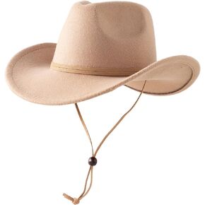 Jastore Kids Boys Girls Wide Brim Western Cowboy Cowgirl Hat with Wind Lanyard Vintage Jazz Felt Fedora Hat