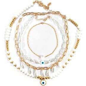 Yomiie 4-in-1 Pearl Body Chain Necklace Set – Teardrop, Heart, Blue Eye, and Round Pearl Necklaces – Layered, Adjustable, Sexy Bikini Beach Summer Jewelry Body Chain for Women Lady