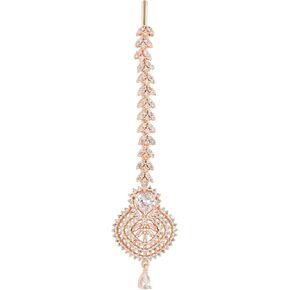 I Jewels Rose Gold Plated Indian Wedding Bollywood Cubic Zirconia Diamond Teardrop Design Hair Accessory Maang Tikka For Women (T2171W)