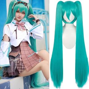 Green Cosplay Wig for Women with Two Detachable Ponytail, 47 Inch / 120cm Long Hair Long Straight Synthetic with Bangs for Halloween Costume Party Anime (Green)