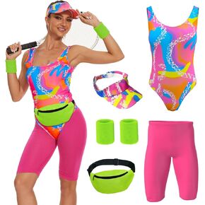 80s تمرين زي للنساء Halloween Cosplay الأزواج ملابس ملابس السباحة بدلة 80s التمارين الرياضية الزي 5pcs مجموعة (متوسطة)