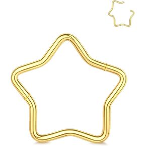 Oveta 1Piece Star Septum Nose Rings for Women, 16G Daith Helix Piercing Jewelry Titanium, Higned Segment Clicker Nose Ring Hoop 8/10mm, Silver/Gold
