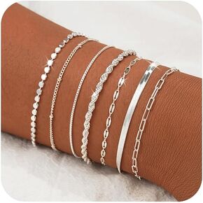 Gold Bracelets Set for Women, 14K Real Gold Plated/Silver Dainty Link Chain Bracelets Ring Hand Chain Charm Stackable Cuban Link Paperclip Bracelet Non Tarnish Jewelry Accessories Gifts