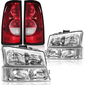 Headlights Tail Lights Assembly Combo Compatible with 2003 2004 2005 2006 Chevy Silverado 1500 2500 3500, 07 Silverado Classic Chrome Housing Clear Lens