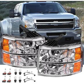 2PCS Headlights Assembly W/Bulbs and Harness For 2007-2013 Chevy Silverado 1500/2007-2014 Silverado 2500 3500 & HD Models Chrome Housing Amber Reflector Replacment Headlamp