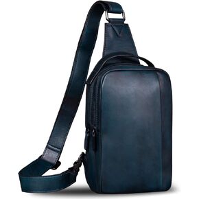 IVTG Genuine Leather Sling Bag for Men and Women Vintage Real Leather Sling Backpack Shoulder Crossbody Bag Chest Bag (Blue)