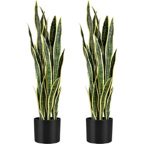 KOL 3ft 2-Pack Artificial Snake Plant - 32 Thick Lifelike Leaves, Faux Silk Sansevieria for Indoor Home & Garden Decor, 35in Potted Fake Mother-in-Law's Tongue Plants, Green