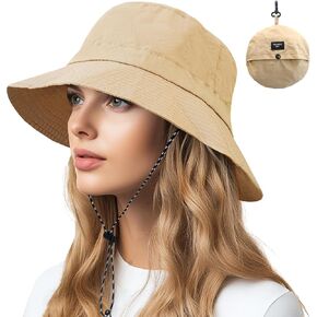 NPQQUAN Quick Dry Waterproof Bucket Hats for Woman Men Packable Foldable Lightweight Rain Sun Hat with Chin Strap Hiking Hat Khaki
