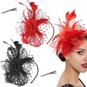 2 PCS Fascinators Hats Fashion Tea Party Headband Flower Pearls Mesh Feathers Hair Clip Grace Wedding Cocktail Hair Accessories for Women Girls Dance Party Halloween Hats Headdress（Red, Black）