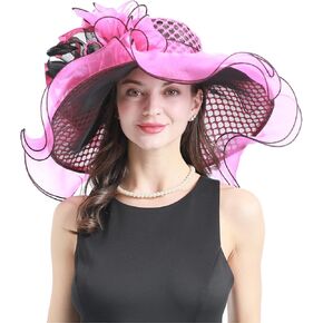Women Derby Church Hat Organza Flower Wedding Tea Party Fascinator Hat Wide Brim Sun Hat F7 Rose Hole