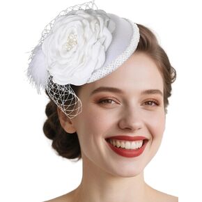 Bohend Tea Party Fascinator Headband Victorian Feather Hair Clip with Veil Flower Cocktail Pillbox Hat for Women White