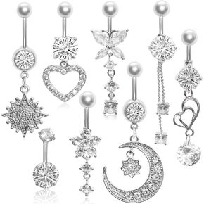 8 PCS 14G BELLY BUTTAN RINGS SURCICAL STELL Silver Belly Rings for Women Long NANVALL NAVEL RING CZ JOWNEGINGERY JOWENTION