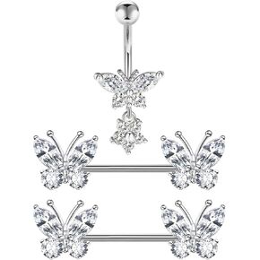 VERAMI 14G Stainless Steel Butterfly and Heart Nipple Rings 316L Butterfly and Heart Barbell Rings Body Piercing for Women