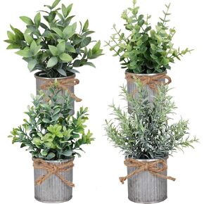 Small Artificial Plants Set of 4 Fake Potted Plant with Iron Pot Mini Greenery Decor for Indoor Home Porch Garden Bathroom Décor