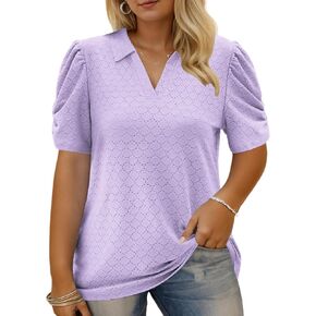 Plus Size Shirts for Women 3X Casual Eyelet Tops Trendy Collar Polo Cute Summer Puff Sleeve Tees Light Purple