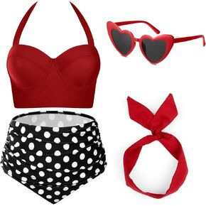 JaGely 4 Pcs 1950s Women Red Polka Dot Bikini Sets Vintage High Waisted Swimsuits Retro Wire Headband, Heart Sunglasses