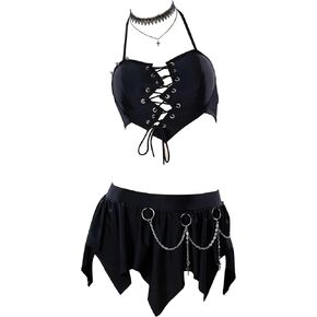 MEOWCOS Goth Bikini Halter Neck Swimsuit Broken Heart Gothic Bathing Suit