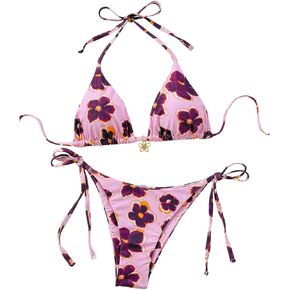 Women's Floral Bikini Set Halter Tie Side Triangle Cheeky Swimsuit 2 Piece Bathing Suit
