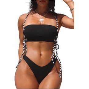 Women's Criss Cross Strap Bandeau Swimsuits High Cut Thong Bikini Set 2 Piece Bathing Suit